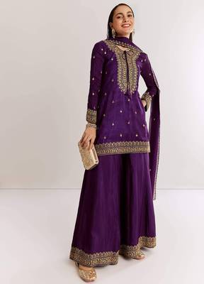 purple cotton blended kurta sharara set with embroidery 1