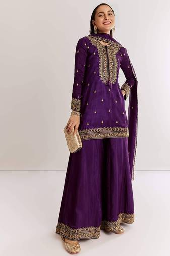 purple cotton kurta sharara set with embroidery
