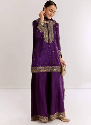 purple cotton blended kurta sharara set with embroidery 2