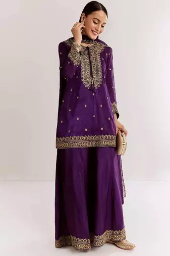 purple cotton blended kurta sharara set with embroidery