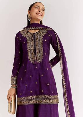 purple cotton blended kurta sharara set with embroidery 3