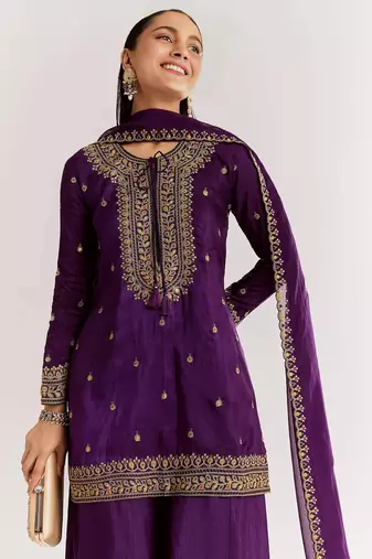purple cotton blended kurta sharara set with embroidery