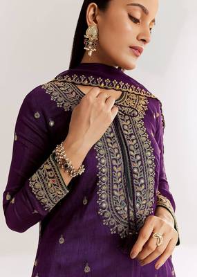 purple cotton blended kurta sharara set with embroidery 4