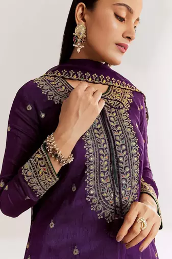 purple cotton blended kurta sharara set with embroidery