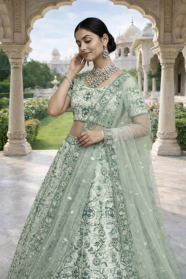 Sea Green Color Embroidery Sequins Work Diamon Silk Lehenga Choli Dupatta Set 2