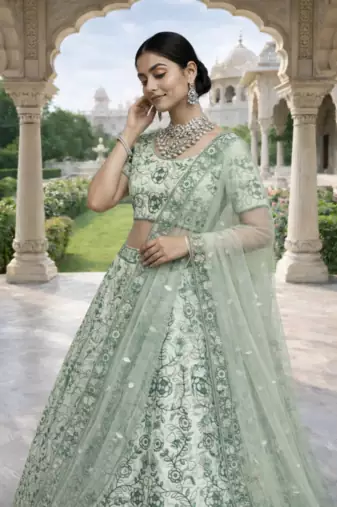 Sea Green Color Embroidery Sequins Work Diamon Silk Lehenga Choli Dupatta Set