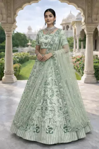 Sea Green Color Embroidery Sequins Work Diamon Silk Lehenga Choli Dupatta Set