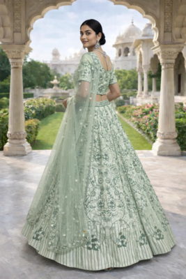 Sea Green Color Embroidery Sequins Work Diamon Silk Lehenga Choli Dupatta Set 3