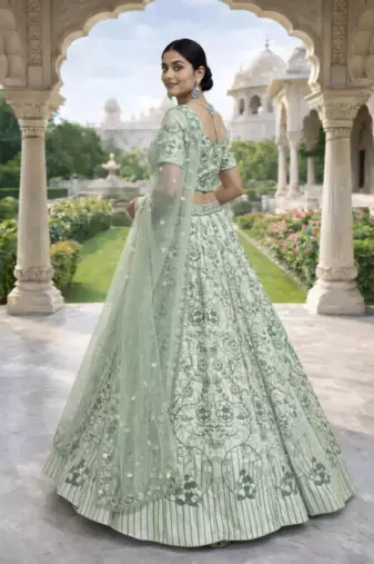 Sea Green Color Embroidery Sequins Work Diamon Silk Lehenga Choli Dupatta Set