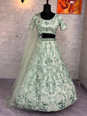 Sea Green Color Embroidery Sequins Work Diamon Silk Lehenga Choli Dupatta Set 4