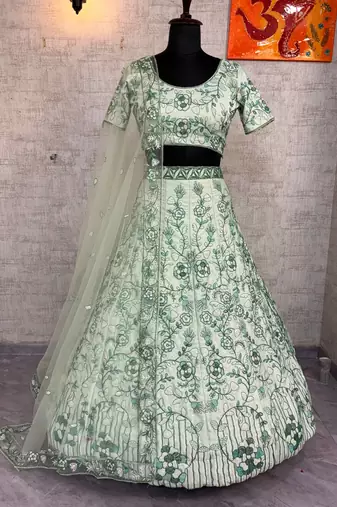 Sea Green Color Embroidery Sequins Work Diamon Silk Lehenga Choli Dupatta Set