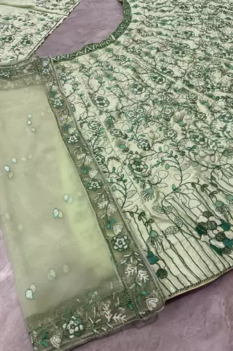 Sea Green Color Embroidery Sequins Work Diamon Silk Lehenga Choli Dupatta Set