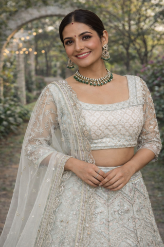 Light Sky Blue Color Embroidery Sequins Work Butterfly Net Lehenga Choli Dupatta Set