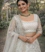 Light Sky Blue Color Embroidery Sequins Work Butterfly Net Lehenga Choli Dupatta Set