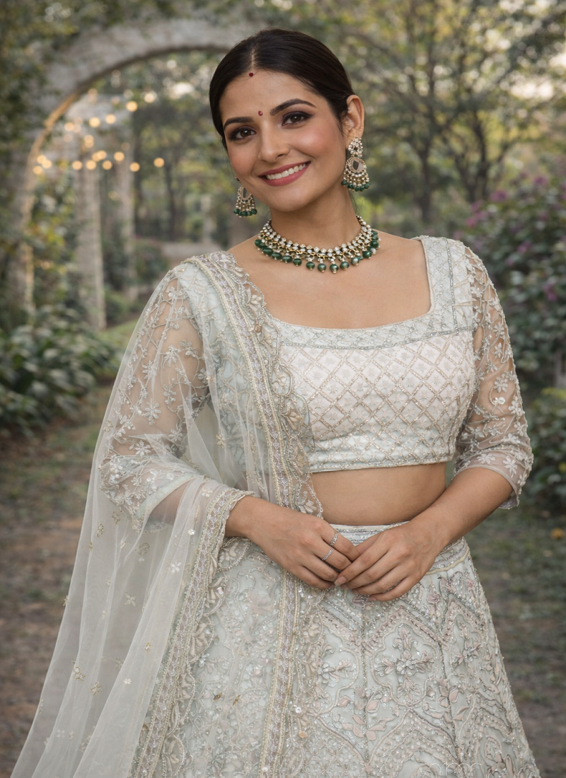 Light Sky Blue Color Embroidery Sequins Work Butterfly Net Lehenga Choli Dupatta Set