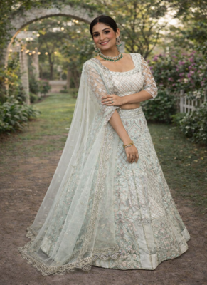 Light Sky Blue Color Embroidery Sequins Work Butterfly Net Lehenga Choli Dupatta Set 2