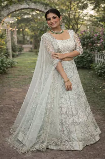 Light Sky Blue Color Embroidery Sequins Work Butterfly Net Lehenga Choli Dupatta Set