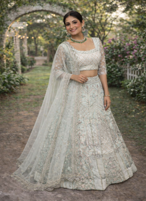 Light Sky Blue Color Embroidery Sequins Work Butterfly Net Lehenga Choli Dupatta Set 3