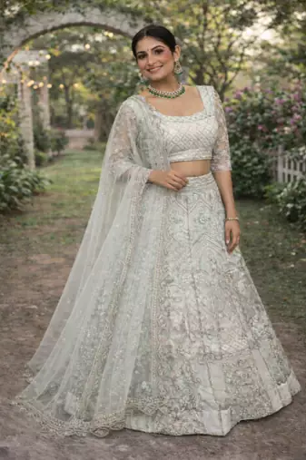 Light Sky Blue Color Embroidery Sequins Work Butterfly Net Lehenga Choli Dupatta Set