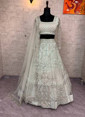 Light Sky Blue Color Embroidery Sequins Work Butterfly Net Lehenga Choli Dupatta Set 4