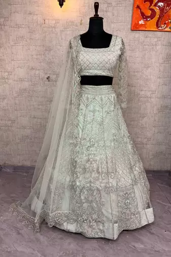 Light Sky Blue Color Embroidery Sequins Work Butterfly Net Lehenga Choli Dupatta Set