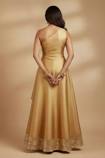 Gold Asymmetrical Anarkali long choli lehenga