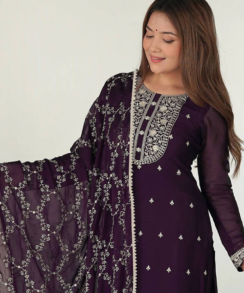 Women's georgette sequins embroidered kurta pant with dupatta set