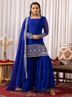 Women's georgette sequins embroidered kurta sharara with dupatta set 1