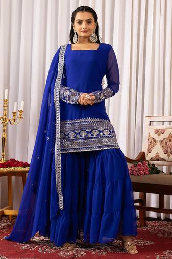 Women's georgette sequins embroidered kurta sharara with dupatta set