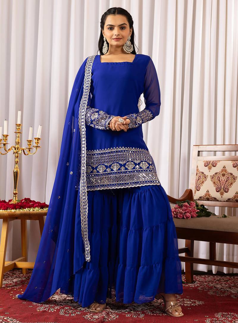 Women's georgette sequins embroidered kurta sharara with dupatta set