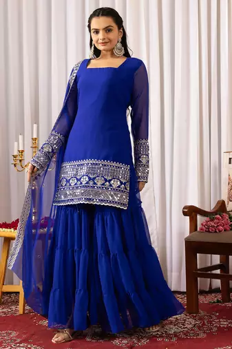 Women's georgette sequins embroidered kurta sharara with dupatta set