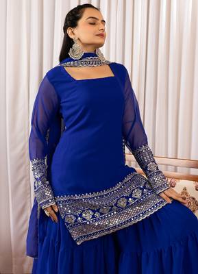 Women's georgette sequins embroidered kurta sharara with dupatta set 4