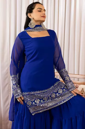 Women's georgette sequins embroidered kurta sharara with dupatta set