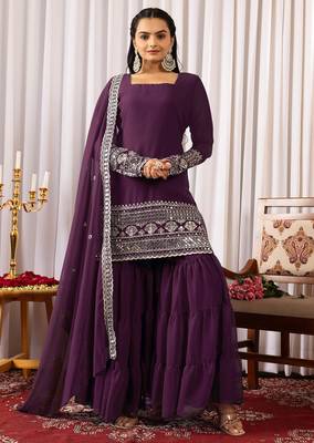 Women's georgette sequins embroidered kurta sharara with dupatta set 1