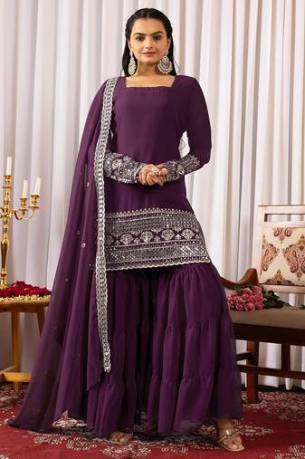 Women's georgette sequins embroidered kurta sharara with dupatta set