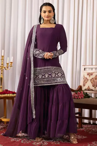 Women's georgette sequins embroidered kurta sharara with dupatta set
