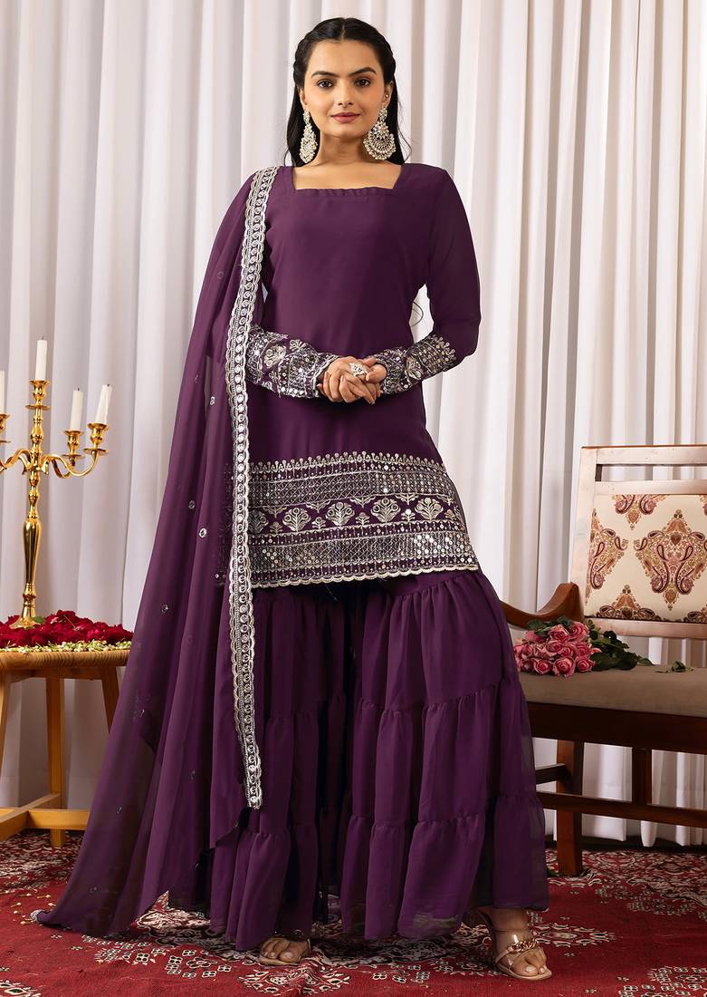 Women's georgette sequins embroidered kurta sharara with dupatta set