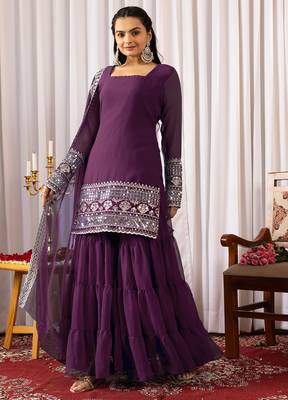 Women's georgette sequins embroidered kurta sharara with dupatta set 2