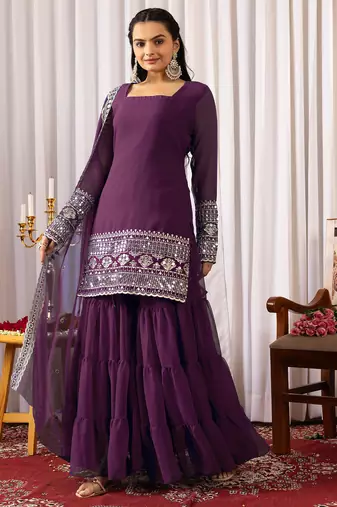 Women's georgette sequins embroidered kurta sharara with dupatta set