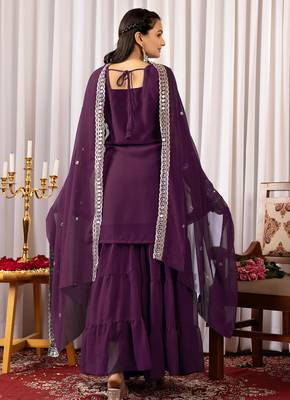 Women's georgette sequins embroidered kurta sharara with dupatta set 3