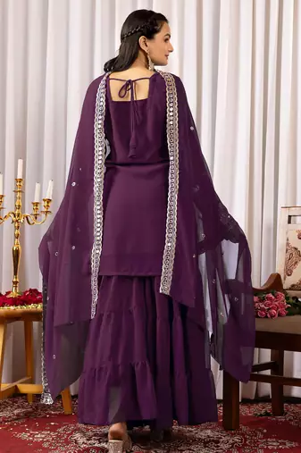 Women's georgette sequins embroidered kurta sharara with dupatta set