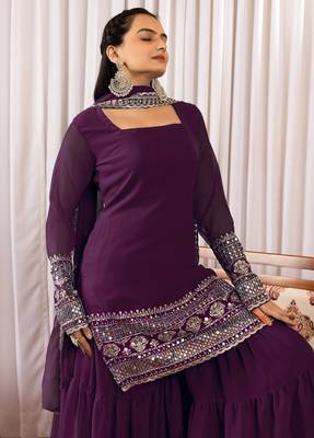 Women's georgette sequins embroidered kurta sharara with dupatta set 4