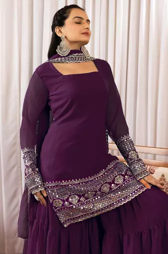 Women's georgette sequins embroidered kurta sharara with dupatta set