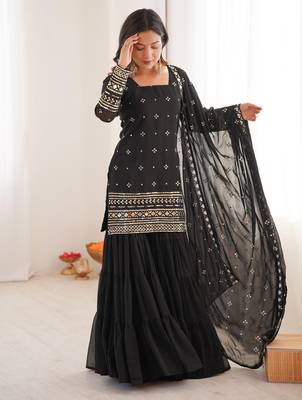 Women's georgette sequins embroidered designer kurta sharara with dupatta set 1