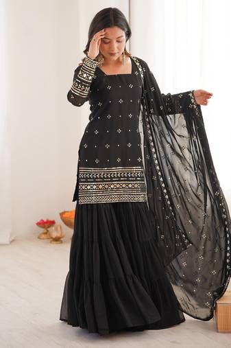 Women's georgette sequins embroidered designer kurta sharara with dupatta set