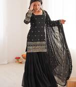 Women's georgette sequins embroidered designer kurta sharara with dupatta set