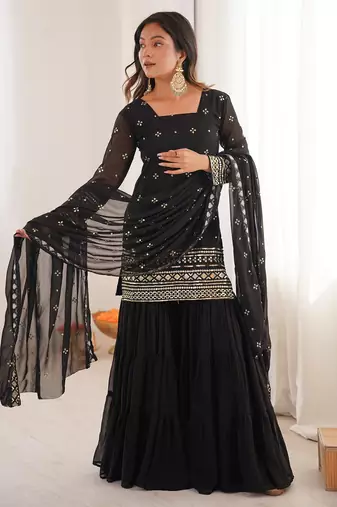 Women's georgette sequins embroidered designer kurta sharara with dupatta set