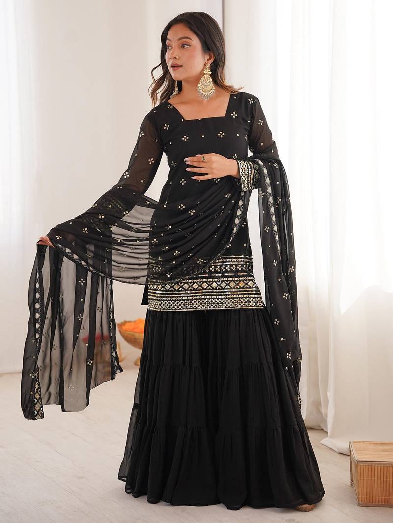 Women's georgette sequins embroidered designer kurta sharara with dupatta set