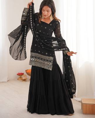 Women's georgette sequins embroidered designer kurta sharara with dupatta set 3