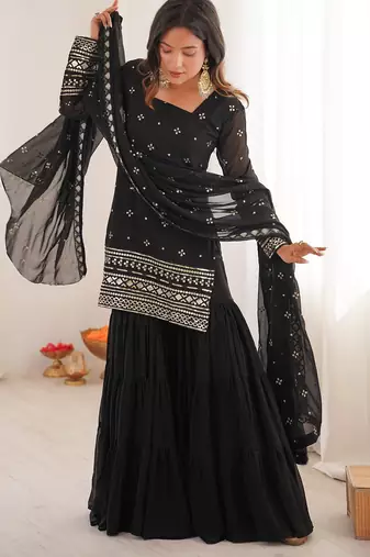 Women's georgette sequins embroidered designer kurta sharara with dupatta set